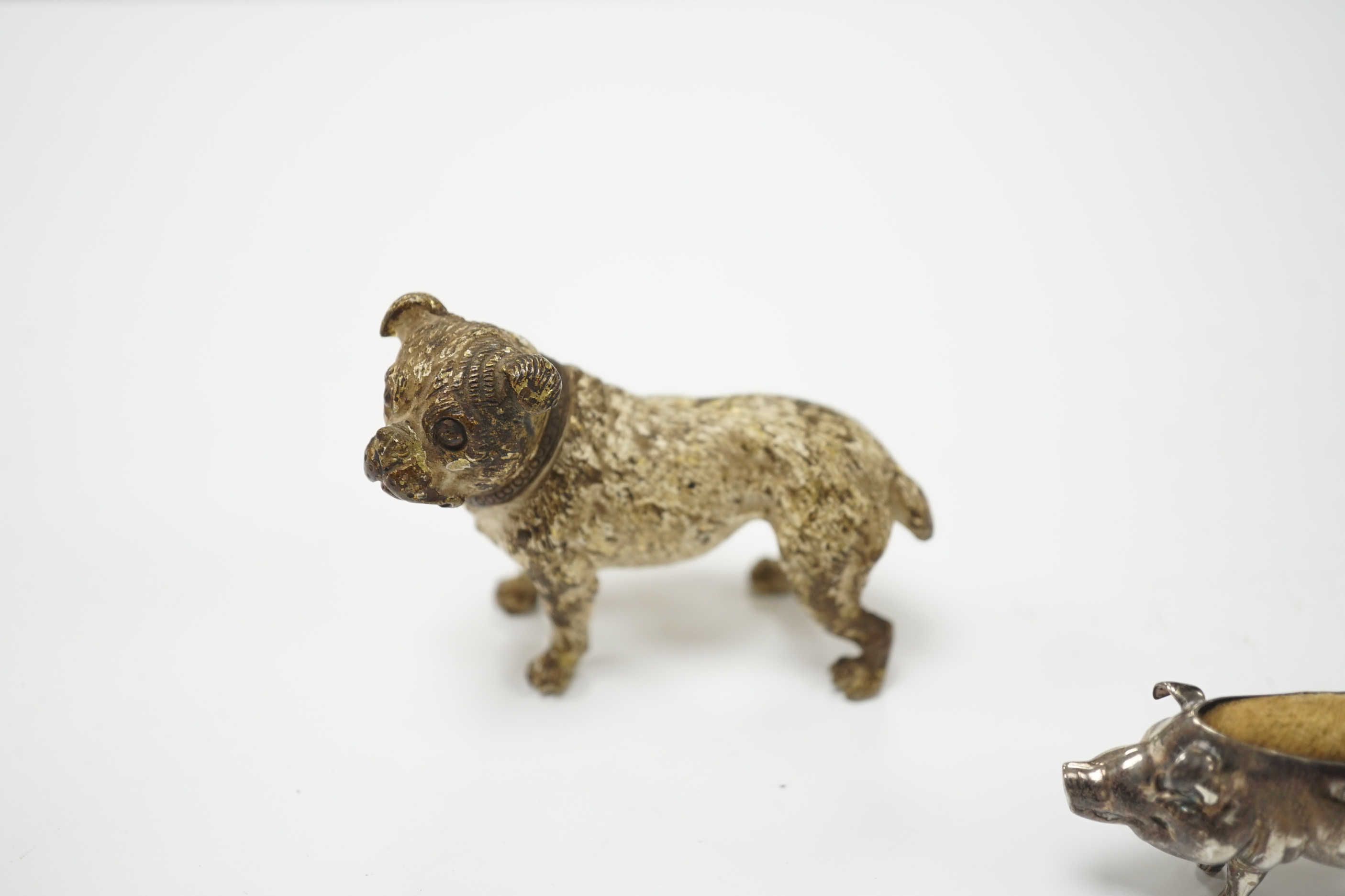 An Austrian cold painted dog, silver pig pin cushion, Adie & Lovekin, largest 6.5cm wide